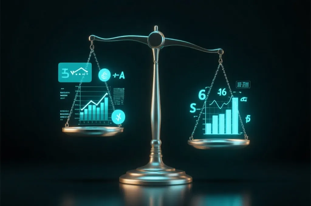 天平两端放置着数据图表和数学符号的概念图